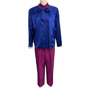 Vintage Carriage Trade Three-Piece Set Suit Blue Satin Blouse Magenta Pleated